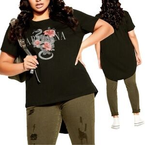 City Chic CCX 16W-24W Hi Lo Black Arizona Rose and Serpent Tee H97.8